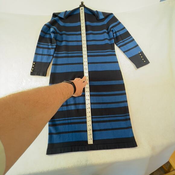 Ann Taylor Knit Dress Just Above the Knee Woman S Blue Stripe Gold Button Detail - Picture 6 of 11